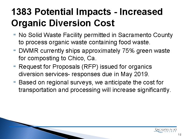 1383 Potential Impacts - Increased Organic Diversion Cost No Solid Waste Facility permitted in