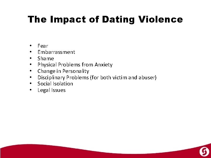 The Impact of Dating Violence • • Fear Embarrassment Shame Physical Problems from Anxiety