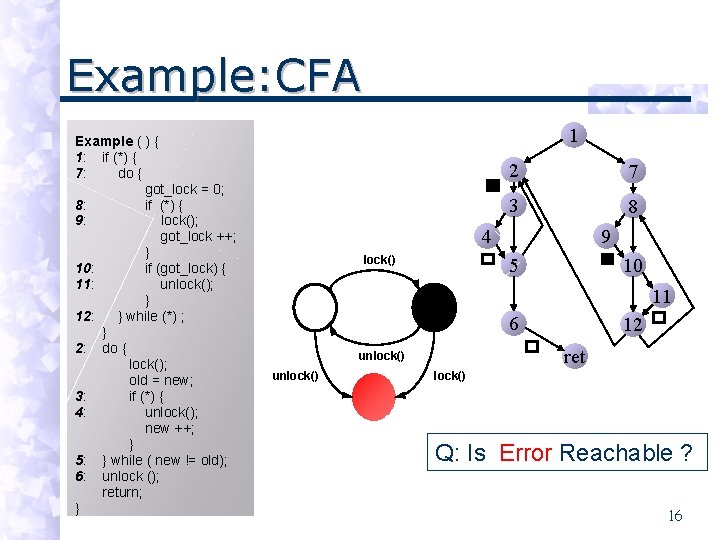 Example: CFA Example ( ) { 1: if (*) { 7: do { got_lock