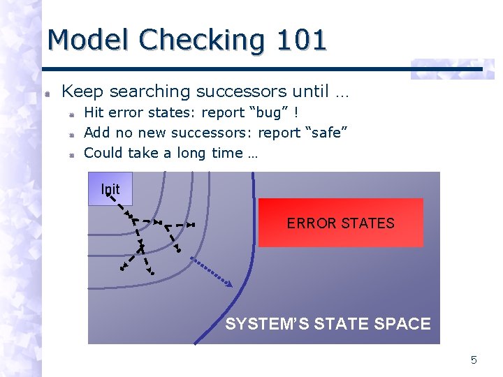 Model Checking 101 Keep searching successors until … Hit error states: report “bug” !