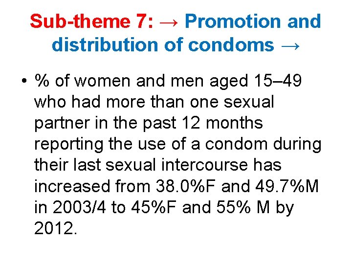 Sub-theme 7: → Promotion and distribution of condoms → • % of women and