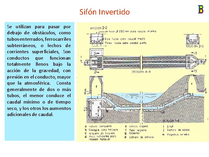 Sifón Invertido Se utilizan para pasar por debajo de obstáculos, como tubos enterrados, ferrocarriles