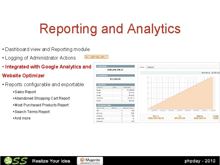 Reporting and Analytics • Dashboard view and Reporting module • Logging of Administrator Actions