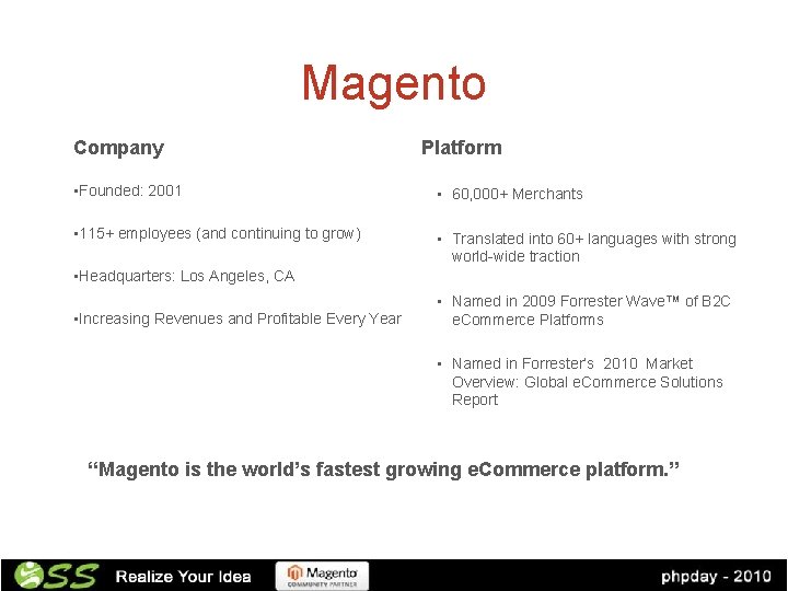 Magento Company Platform • Founded: 2001 • 60, 000+ Merchants • 115+ employees (and