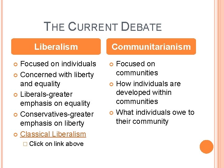 THE CURRENT DEBATE Liberalism Focused on individuals Concerned with liberty and equality Liberals-greater emphasis