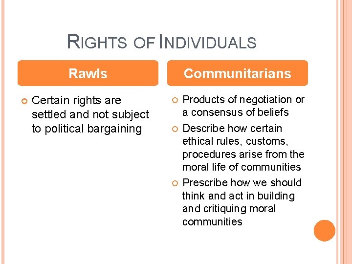 RIGHTS OF INDIVIDUALS Rawls Certain rights are settled and not subject to political bargaining