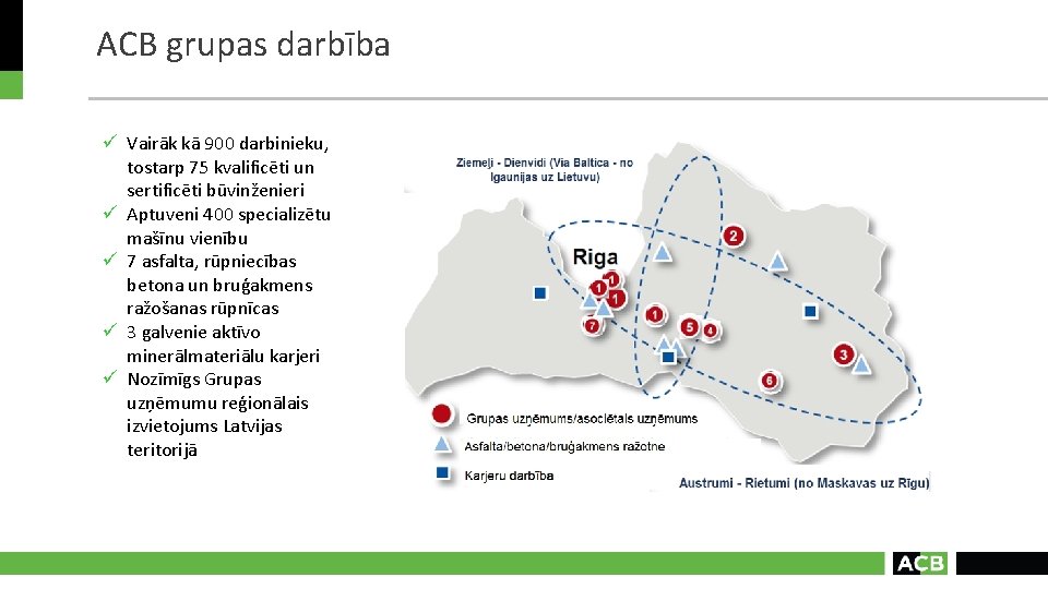 ACB grupas darbība ü Vairāk kā 900 darbinieku, tostarp 75 kvalificēti un sertificēti būvinženieri