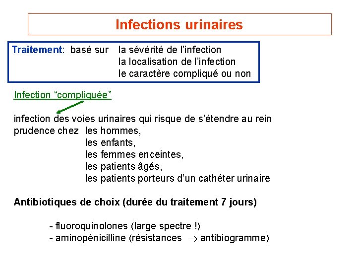 Infections urinaires Traitement: basé sur la sévérité de l’infection la localisation de l’infection le