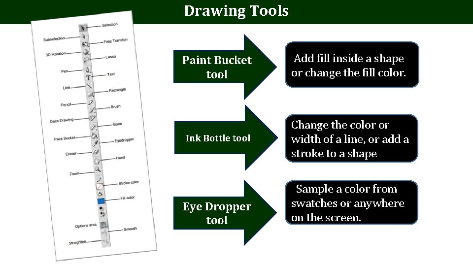 Drawing Tools Paint Bucket tool Add fill inside a shape or change the fill Drawing Tools Paint Bucket tool Add fill inside a shape or change the fill