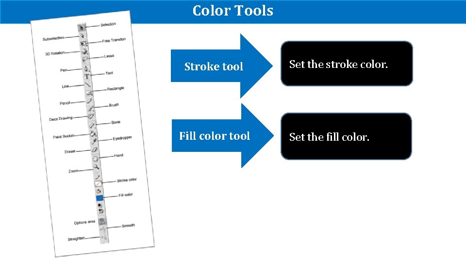 Color Tools Stroke tool Fill color tool Set the stroke color. Set the fill Color Tools Stroke tool Fill color tool Set the stroke color. Set the fill