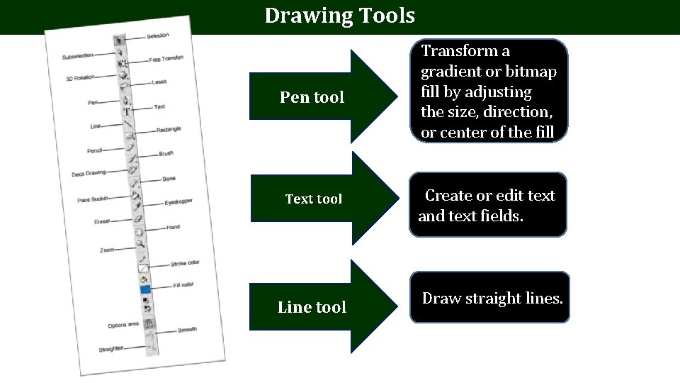 Drawing Tools Pen tool Transform a gradient or bitmap fill by adjusting the size, Drawing Tools Pen tool Transform a gradient or bitmap fill by adjusting the size,