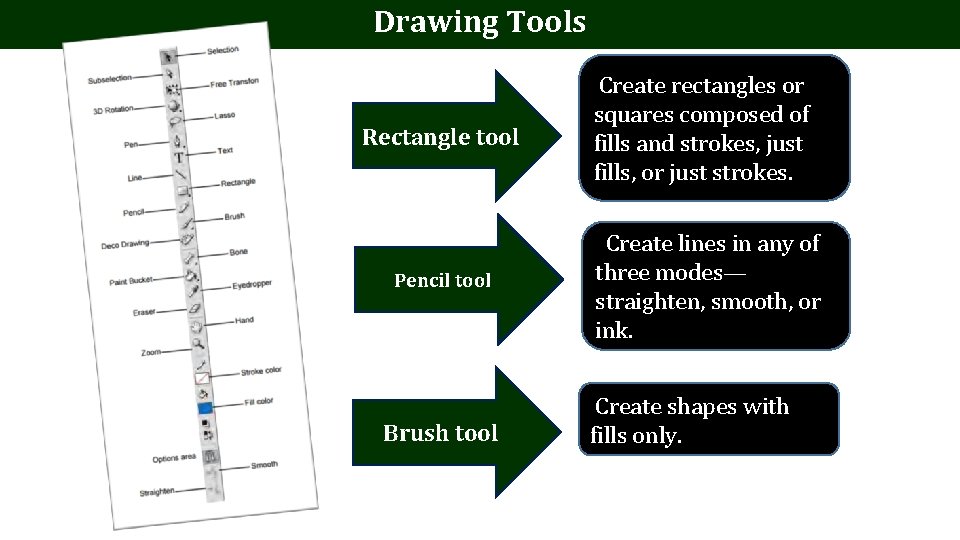 Drawing Tools Rectangle tool Pencil tool Brush tool Create rectangles or squares composed of Drawing Tools Rectangle tool Pencil tool Brush tool Create rectangles or squares composed of