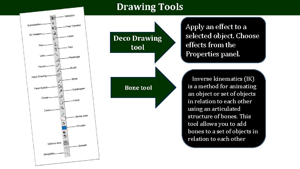 Drawing Tools Deco Drawing tool Bone tool Apply an effect to a selected object. Drawing Tools Deco Drawing tool Bone tool Apply an effect to a selected object.