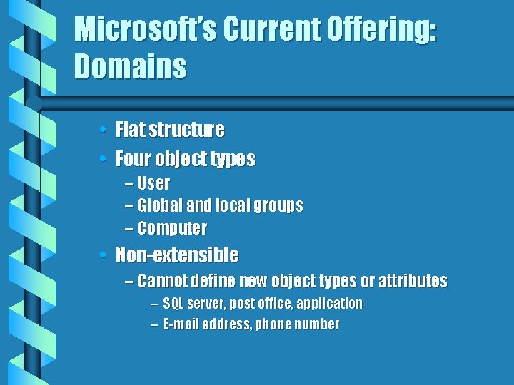 Microsoft’s Current Offering: Domains • Flat structure • Four object types – User –