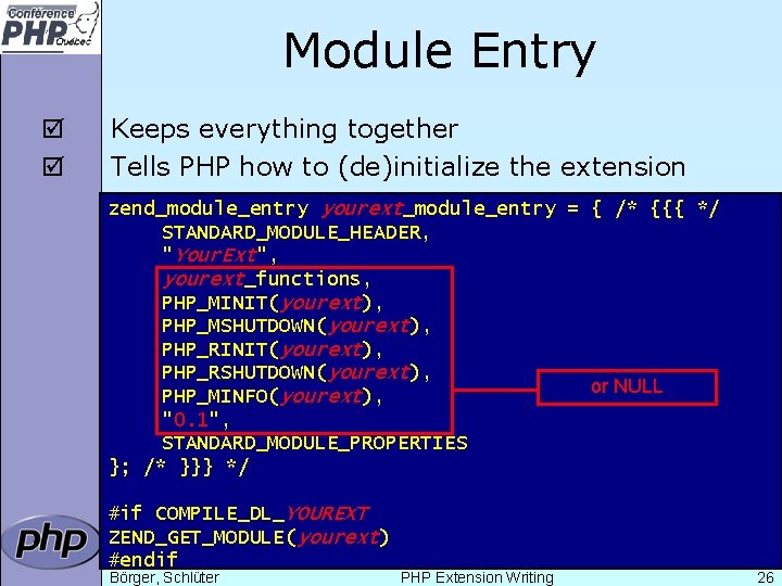 Module Entry þ þ Keeps everything together Tells PHP how to (de)initialize the extension