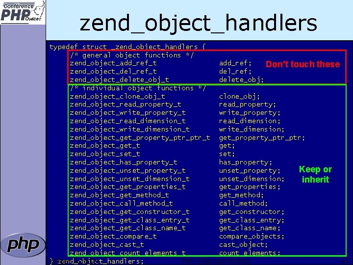 zend_object_handlers typedef struct _zend_object_handlers { /* general object functions */ zend_object_add_ref_t add_ref; Don't touch