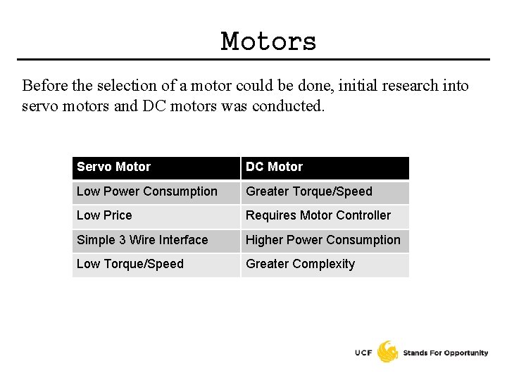 Motors Before the selection of a motor could be done, initial research into servo