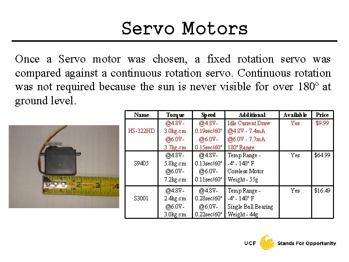 Servo Motors Once a Servo motor was chosen, a fixed rotation servo was compared