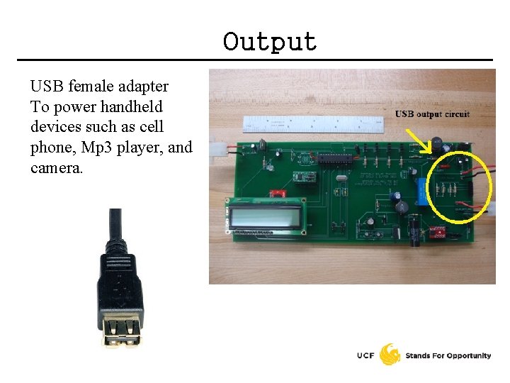 Output USB female adapter To power handheld devices such as cell phone, Mp 3