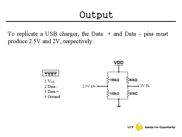 Output To replicate a USB charger, the Data + and Data – pins must