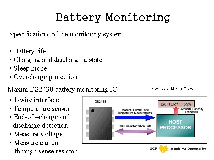 Battery Monitoring Specifications of the monitoring system • Battery life • Charging and discharging