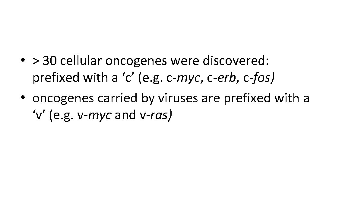  • > 30 cellular oncogenes were discovered: prefixed with a ‘c’ (e. g.