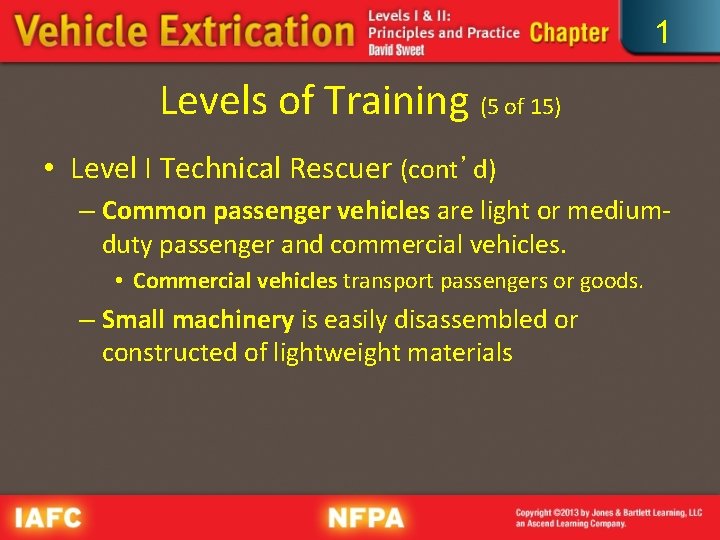 1 Levels of Training (5 of 15) • Level I Technical Rescuer (cont’d) –