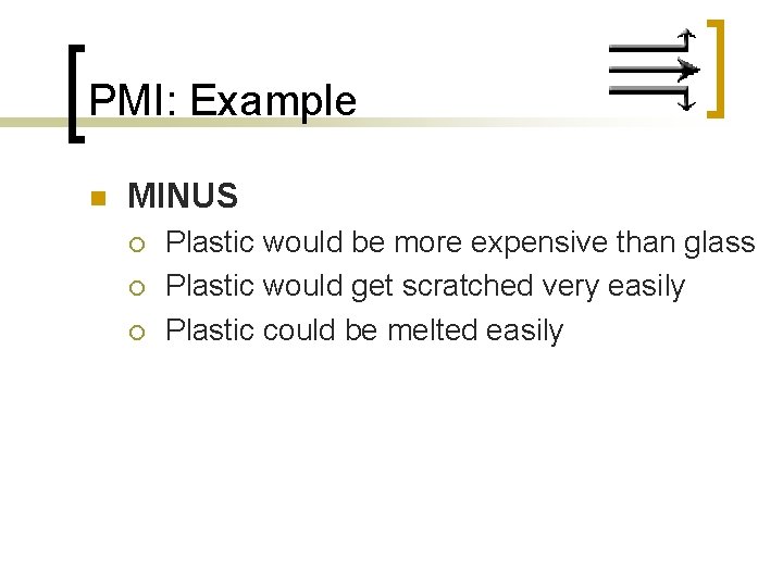 PMI: Example n MINUS ¡ ¡ ¡ Plastic would be more expensive than glass