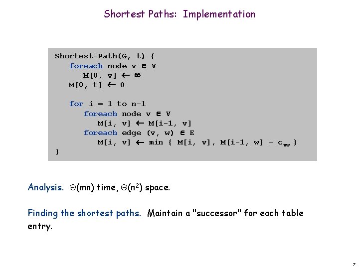 Shortest Paths: Implementation Shortest-Path(G, t) { foreach node v V M[0, v] M[0, t]