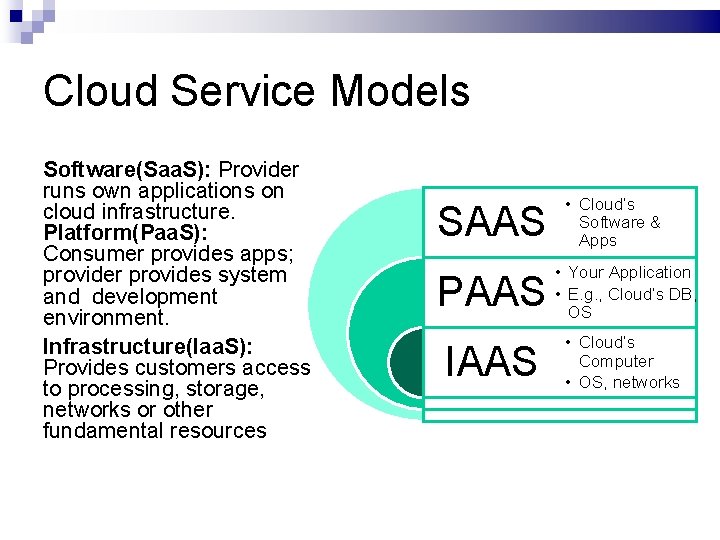 Cloud Service Models Software(Saa. S): Provider runs own applications on cloud infrastructure. Platform(Paa. S):