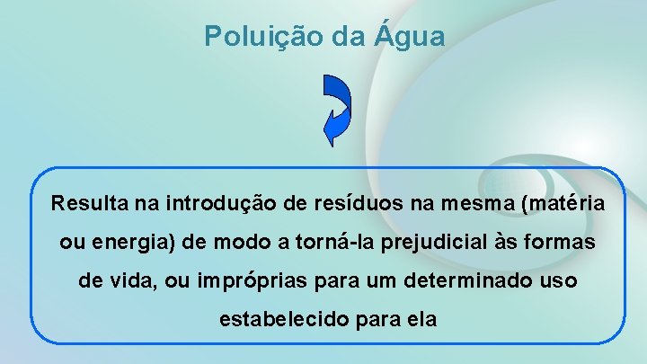 Poluição da Água Resulta na introdução de resíduos na mesma (matéria ou energia) de