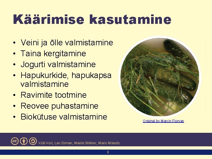 Käärimise kasutamine • • Veini ja õlle valmistamine Taina kergitamine Jogurti valmistamine Hapukurkide, hapukapsa