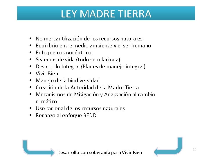 LEY MADRE TIERRA No mercantilización de los recursos naturales Equilibrio entre medio ambiente y