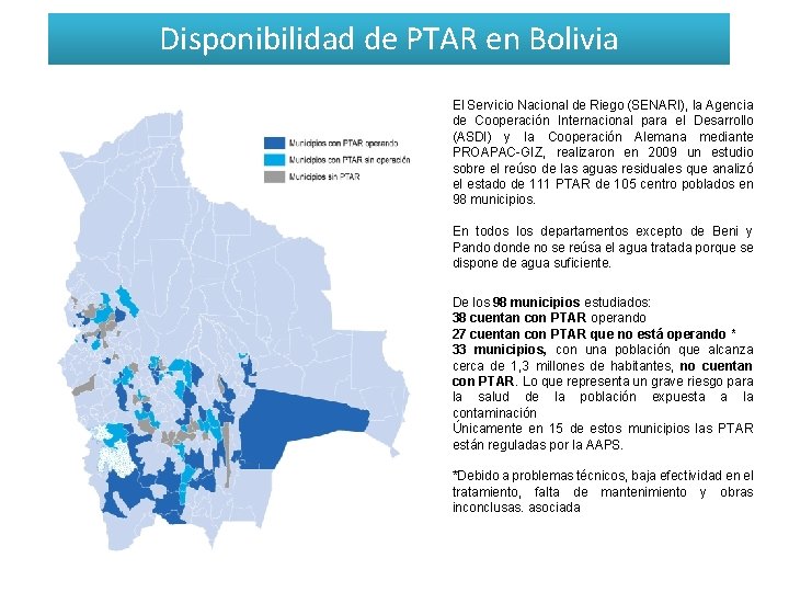 Disponibilidad de PTAR en Bolivia El Servicio Nacional de Riego (SENARI), la Agencia de