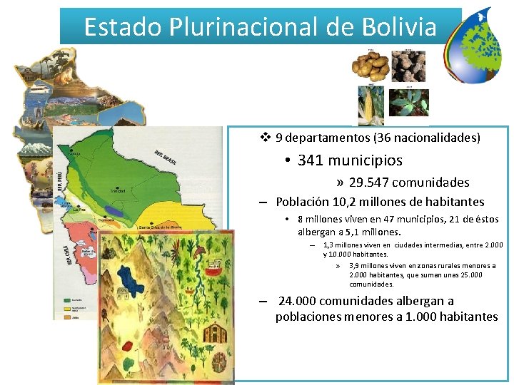 Estado Plurinacional de Bolivia v 9 departamentos (36 nacionalidades) • 341 municipios » 29.