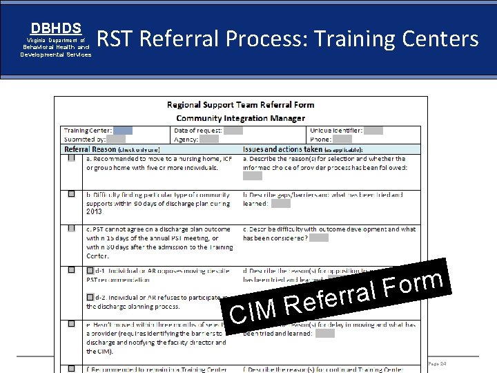 DBHDS Virginia Department of Behavioral Health and Developmental Services RST Referral Process: Training Centers