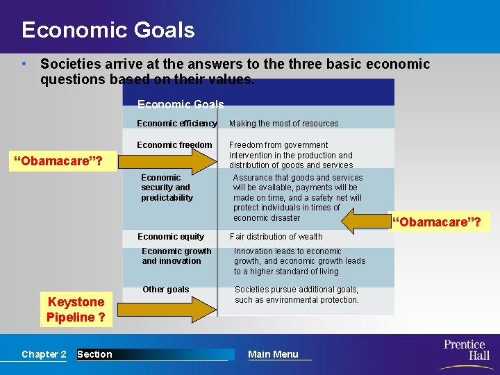 Economic Goals • Societies arrive at the answers to the three basic economic questions