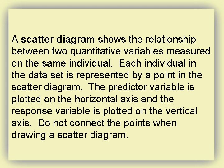 A scatter diagram shows the relationship between two quantitative variables measured on the same