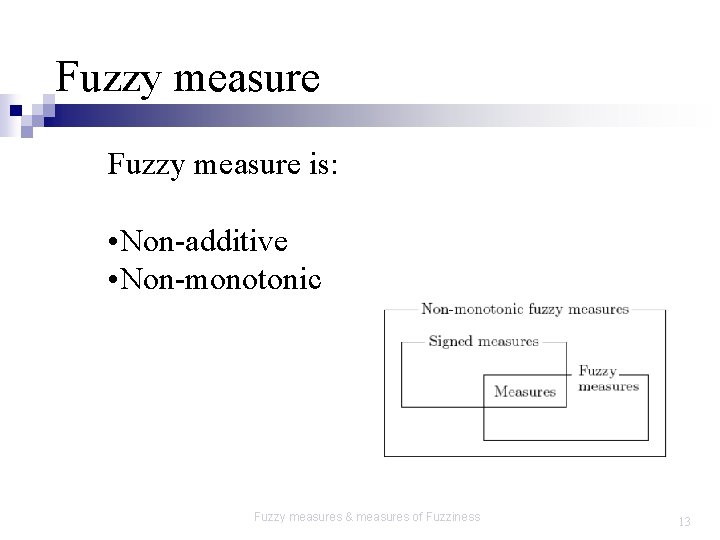 Fuzzy measure is: • Non-additive • Non-monotonic Fuzzy measures & measures of Fuzziness 13