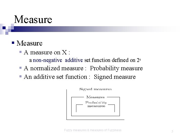Measure § A measure on X : a non-negative additive set function defined on