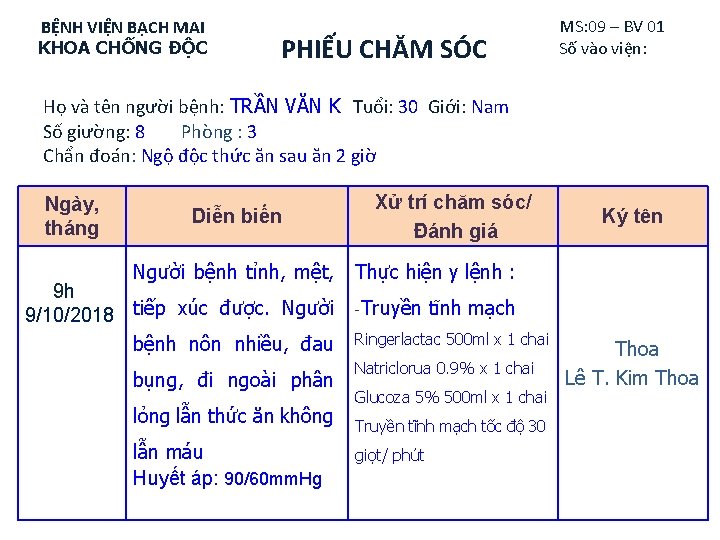 BỆNH VIỆN BẠCH MAI KHOA CHỐNG ĐỘC PHIẾU CHĂM SÓC MS: 09 – BV