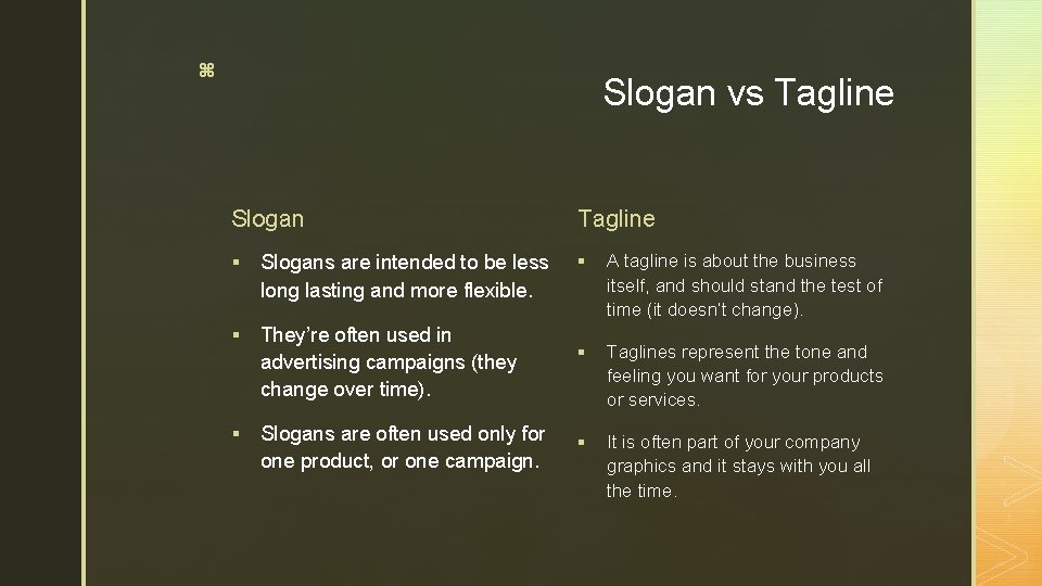 z Slogan vs Tagline Slogan § Slogans are intended to be less long lasting