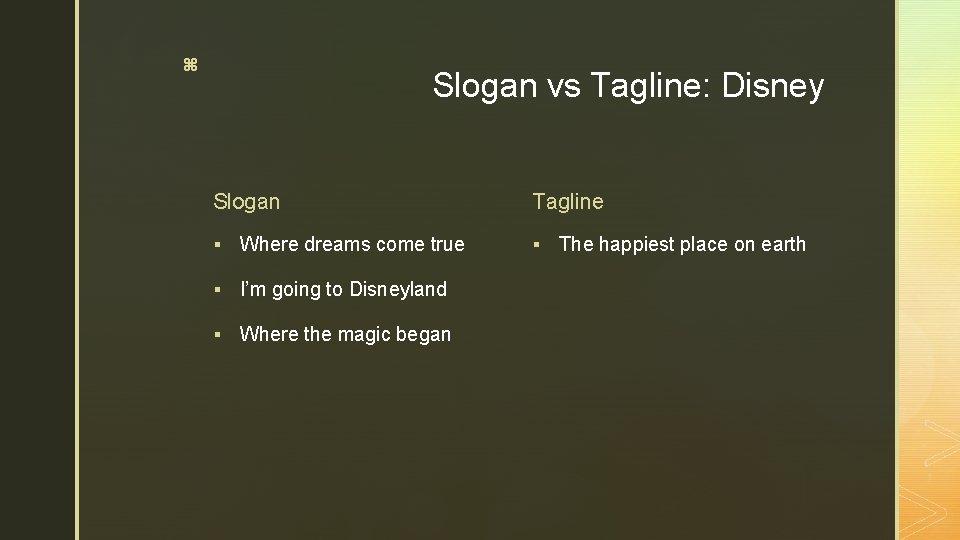 z Slogan vs Tagline: Disney Slogan § Where dreams come true § I’m going