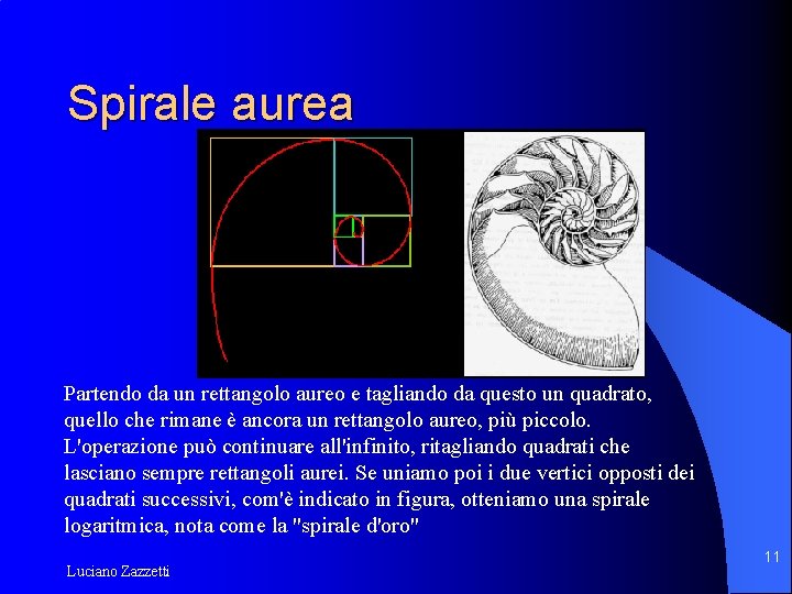 Spirale aurea Partendo da un rettangolo aureo e tagliando da questo un quadrato, quello