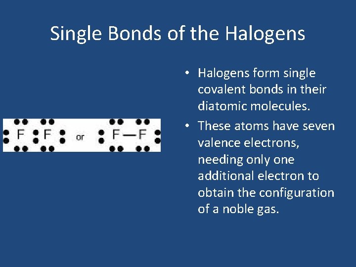 Single Bonds of the Halogens • Halogens form single covalent bonds in their diatomic