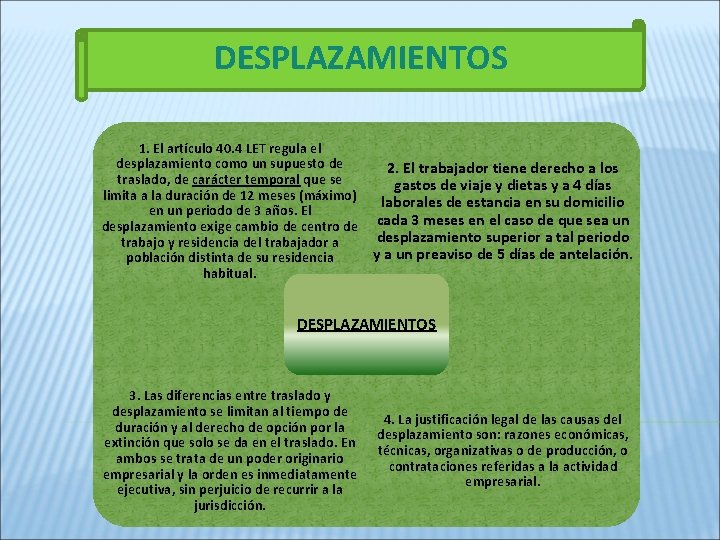 DESPLAZAMIENTOS 1. El artículo 40. 4 LET regula el desplazamiento como un supuesto de
