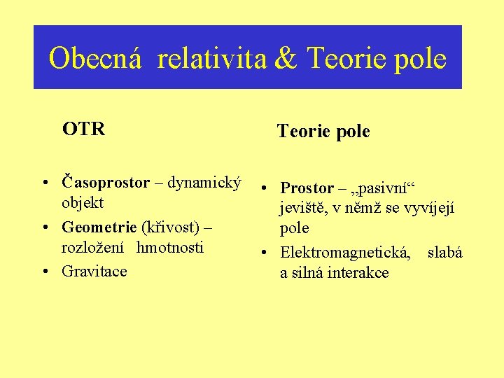 Obecná relativita & Teorie pole OTR • Časoprostor – dynamický objekt • Geometrie (křivost)