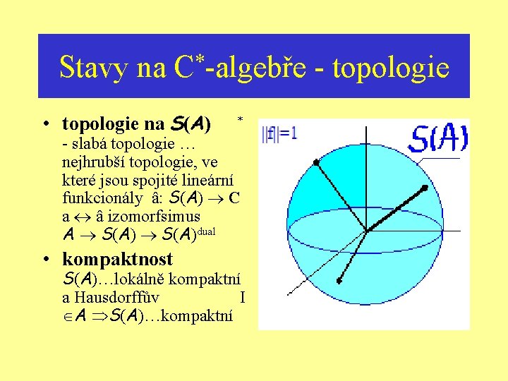 Stavy na * C -algebře • topologie na S(A) * - slabá topologie …