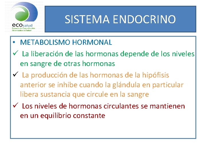 SISTEMA ENDOCRINO • METABOLISMO HORMONAL ü La liberación de las hormonas depende de los