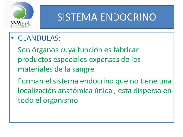 SISTEMA ENDOCRINO • GLANDULAS: Son órganos cuya función es fabricar productos especiales expensas de